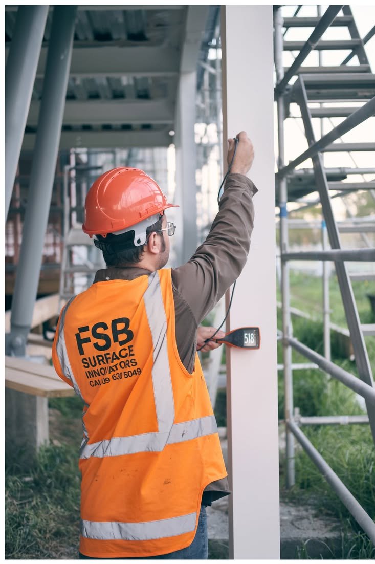 FSB technician measuring protective coating thickness on structural steel column